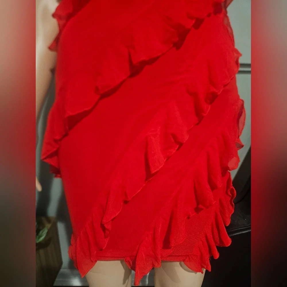 Strapless Red Ruffle Cocktail Mini Dress – Stretch Mesh Bodycon